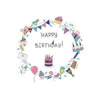 Happy Birthday. Cakes, Firecrackers, Gifts And Other Items In The Shape Of A Circle. The Concept of a Holiday, Birthday, Congratulations. vector