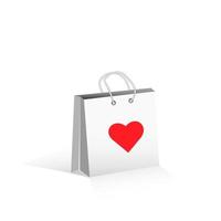 bolsa de papel con corazón rojo. Plantilla de bolsa de compras realista 3d. Ilustración de vector