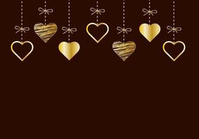 Vector greeting card for Valentines Day with hanging shine heart shape.  Gold heart on black background. Simple Classic design.Vector illustration