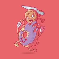 Cookie character attacking a donut vector illustration. Food, sweet, sugar design concept.