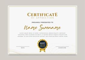 Luxury abstract certificate of achievement with gold badge template vector