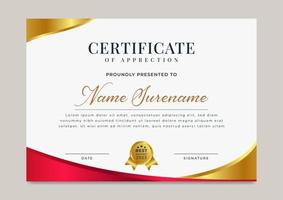 certificado de logro rojo elegante con plantilla de insignia de oro vector