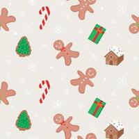 Cozy seamless pattern with gingerbread man and house with snowflakes vector