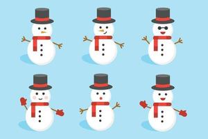 Cute christmas snowman flat vector illustration colorful christmas set. Winter and fun outdoor activities for kids isolated clipart pack. Cute snowman wearing various santa themed accessories