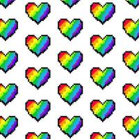 Vector pixel art multicolor endless rainbow colors hearts on white background. Seamless pattern of 8 bit LGBT love hearts. LGBT community symbol. Gay pride concept. for wallpaper, packaging, banners