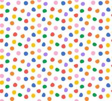 Colorful confetti polka dot seamless vector pattern. Blue, orange, yellow, pink, purple, green, red dots with textured edges isolated on white background. Festive vintage scattered textile pattern