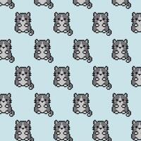 Cute grey pixel cat pattern on light blue background. 8 bit cartoon animals character. Texture for fabric, wrapping, textile, wallpaper. Decorative print. Kitty in the style of computer games vector