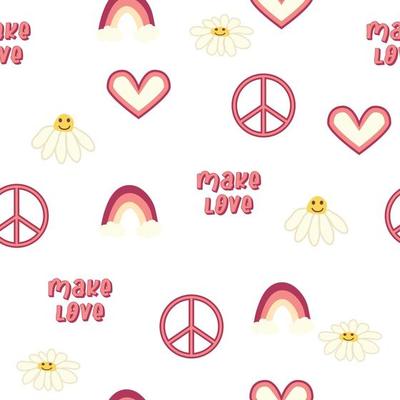 Love heart, peace symbol, rainbow retro 70s seamless pattern. Scattered heart shapes on a swirling background.