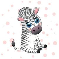 Cute cartoon zebra is sitting and waving its tail. Children's character.
