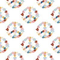 Peace symbol floral retro 70s seamless pattern. Clockwork design in the style of the seventies. vector