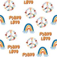 Love heart, peace symbol, rainbow retro 70s seamless pattern. Scattered heart shapes on a swirling background.