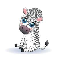 Cute cartoon zebra is sitting and waving its tail. Children's character. vector