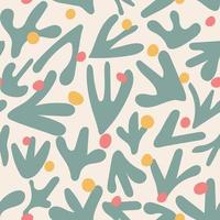 Cute naive vector seamless patterns with pastel colored green shapes in beige background. Scandinavian style floral pattern with cute hand draw random figures. Contemporary art for fabric, wrapping