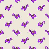 Cute seamless pattern with 8 bit pixel bright pink, lilac or purple fluffy llama alpaca. Girlish print on textiles, packaging, fabric, wrapping paper vector