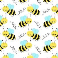 Pattern with flying bees. Cartoon cute bee characters with positive emotions. Hand drawn baby vector illustration with cute bee. Concept for cloth design, textile, wrapping, wallpaper, covers