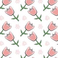 Pattern with hand drawn flowers in childlike flat style. Cute floral vector background. Pink tulips in doodle style on white background for design and decoration, packaging paper, fabrics.