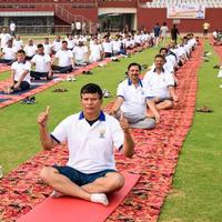 nueva delhi, india, 21 de junio de 2022 - sesión grupal de ejercicios de yoga para personas en el complejo deportivo yamuna en delhi el día internacional del yoga, gran grupo de adultos que asisten a clases de yoga en el estadio de cricket foto