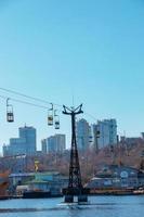 Old cable car in Dnepropetrovsk. Cable car cabins against the background of the blue sky and the urban landscape. photo