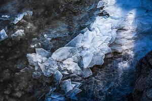 Ice surface of the river. The texture of fragments of ice and water during the icing period. Winter background. photo