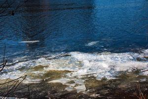 Ice surface of the river. The texture of fragments of ice and water during the icing period. Winter background. photo