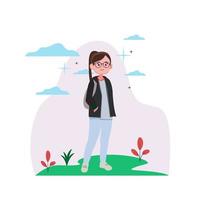 Cheerful young lady smilling mood concept. Wearing glasses and casual clothes cartoon character standing positive gesture vector illustration. good vibes