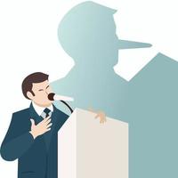 Lies, cheat, hoax speech businessman character chatting in front of public audience with shadow of his long nose. Liar, lying people in business concept vector illustration