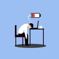 Frustrated worker mental health problems. Tired male manager in office sitting with head down on laptop. Vector long work day illustration