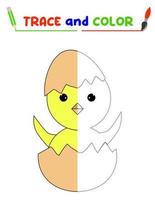 Trace and color the bird. A training sheet for preschool children.Educational tasks for kids.Chicken Coloring Book. vector