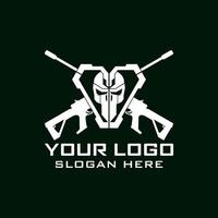 Tactical military Skull armory squadrone team in shield with gun rifle weapon logo template vector