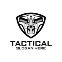 Ilustración de vector de diseño de logotipo de pistola de escudo militar táctico