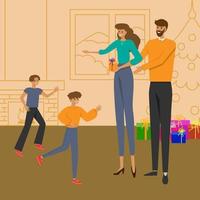 Family evening before Christmas. Children run to their parents. vector