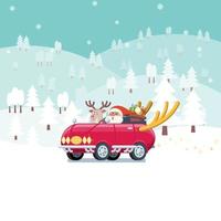 Santa driving car in snowy landscape vector