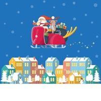 Santa riding vintage scooter over winter town at night vector