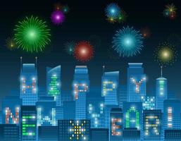 Happy new year alphabet buildings at night vector