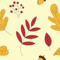 Seamless pattern with acorns and autumn oak leaves in orange, beige, brown and yellow. Perfect for wallpaper, gift paper, pattern fill, web page background, fall greeting cards. Vector illustration