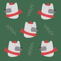 Christmas white polar bear head pattern on a green background. Vector illustration of cute cartoon bear in warm red hat and scarf for greeting cards, prints