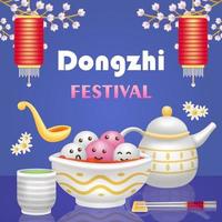 Dongzhi Festival. 3d illustration of cute sweet soup dumplings, teapot, green tea and Chinese lantern ornament