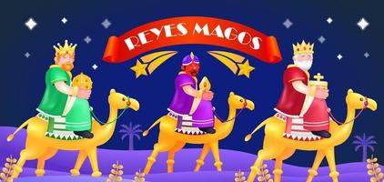 reyes magos. Ilustración 3d de tres sacerdotes montando camellos, con una estrella fugaz en el fondo vector