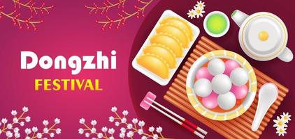 Dongzhi Festival. 3d illustration of fried dumplings, sweet soup dumplings, green tea and floral ornament vector