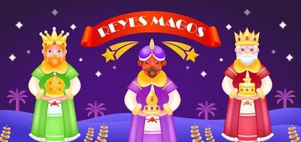 Reyes Magos. 3d illustration of three priests holding gifts, with shooting stars in the background vector