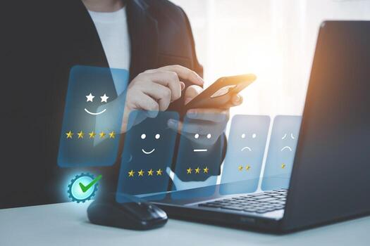 concepts of appraisal , customer service satisfaction surveys, rating  best businesses. customer evaluates form online with application. photo