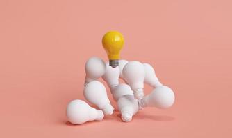 Distinctive yellow light bulb floats above the white light bulb. concept of talented leadership and outstanding ideas, selected good ideas, Innovation and inspiration. with copy 3D render illustration photo