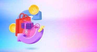 Shopping cashback concept with shopping bags. 3d vector banner with copy space