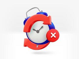 Alarm clock with arrows and crossmark. 3d vector isolated illustration