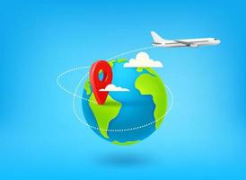 Travel concept with map pin and airplane. 3d vector illustration