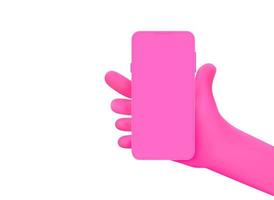 Pink hand holding pink smartphone. 3d vector illustration isolated on white background