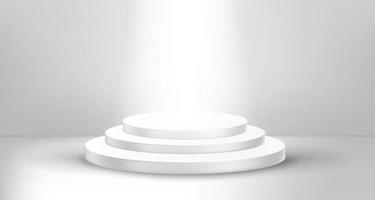 White empty stage with round showcase and bright projector. 3d vector illustration