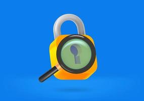 Searching for password concept with lock and magnifier. 3d vector illustration