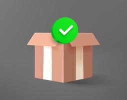 Opened gift box with green checkmark. 3d vector icon