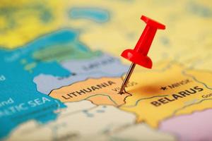 The red button indicates the location and coordinates of the destination on the map of the country of Lithuania. photo